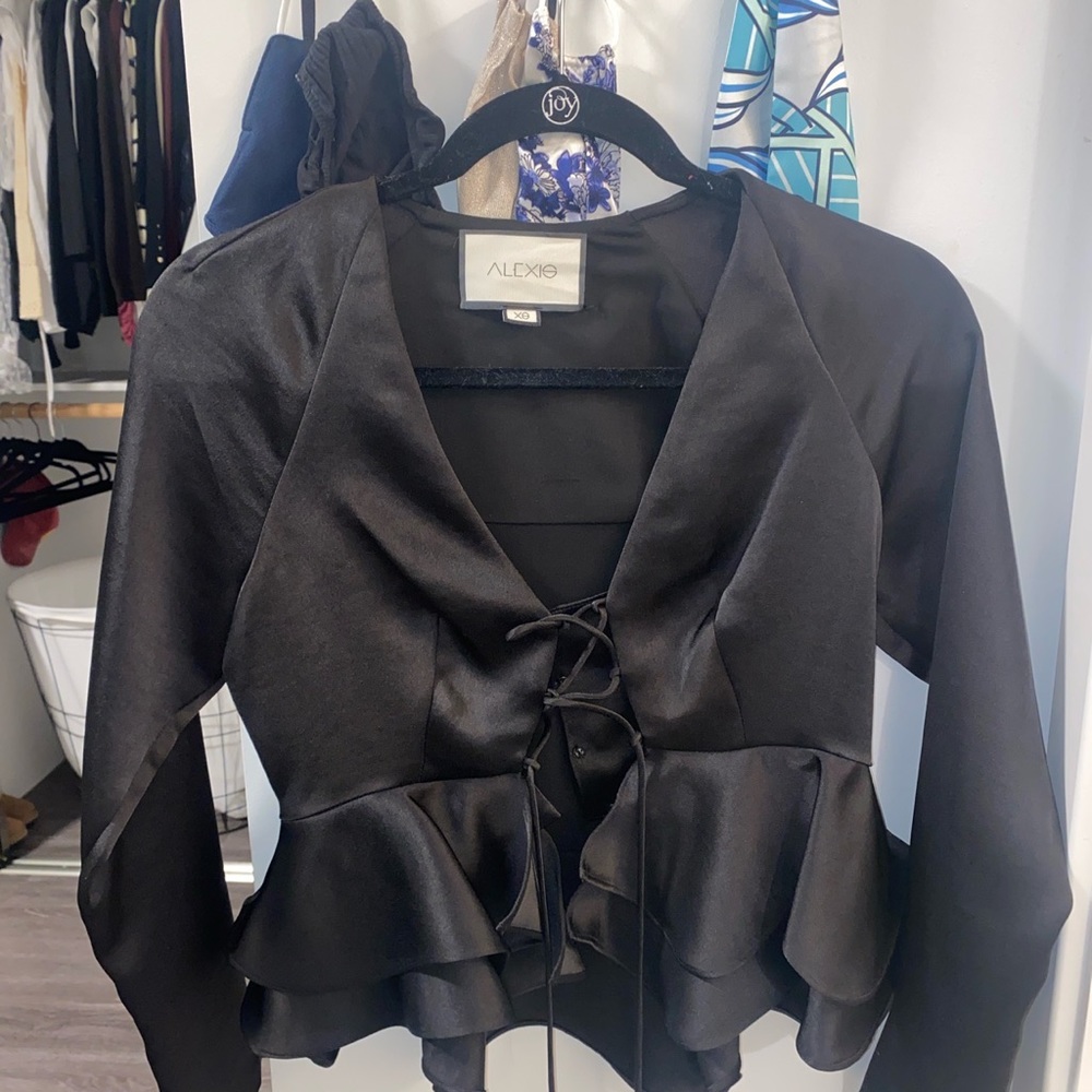 Alexis satin ruffle long sleeve top w lace up